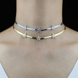 High Quality Classic Trendy Women Jewellery Gold Colour Herringbone Star Chain Micro Pave Clear White CZ Charm Choker Necklace Choker318l