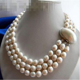 3Strands 11MM White Rice Freshwater Pearl Necklace328w