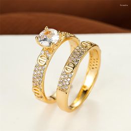 Wedding Rings Sets Girl Luxury Crystal Double Charm Gold Colour Engagement Ring Shining White Round Zircon Set For Women