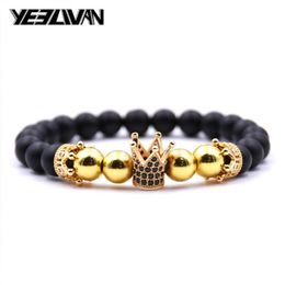 Charm Bracelets Trendy Rose Gold Black Bracelet Lava Stone Pave CZ Imperial Crown And Helmet For Men Or Women Pulseira Hombres211L