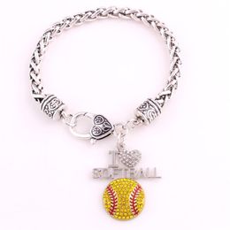 Fans Favorite Sports Jewelry Drop 1 2 1 3 Inches Crystal I Love Softball 2D Pendant Wheat Chain Lobster Claw 266B