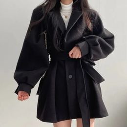 Women's Wool Blends EVNISI Women Buttons Laceup Trench Coat With Pockets Woollen Turndown Collar Long Sleeve TRAF Overcoat Autumn Winter 230928