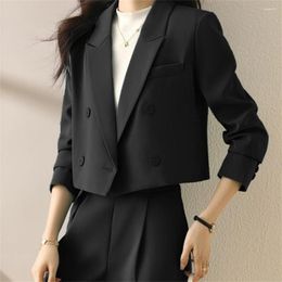Women's Suits Black Cropped Blazers For Women Korean Fashion Double-Breasted Office Suit Coat Ladies Vintage Long Sleeve Outerwear ZY8648