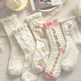 Women Socks Spring And Summer Lace Cotton Pink Style With Ruffles Cute Harajuku Lolita White Women's Set