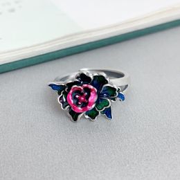 Cluster Rings 925 Sterling Silver Enamel Lotus Flower Finger Ring For Women Vintage Ethnic Style Stereo Colorful Adjustable Open Jewelry
