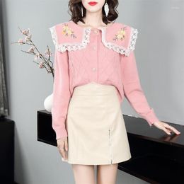 Women's Sweaters Korejepo Pink Lace Embroidery Sweater 2023 Autumn Winter Solid Colour Fashion Doll Neck Top Splice Knitted Cardigan