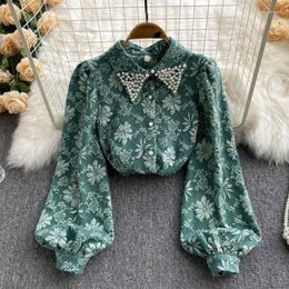 Women's Blouses Retro Women 3D Floral Printing Pearls Beaded Lapel Shirts Single-breasted Lace Spliced Cardigan Long-sleeved Tops Blusas