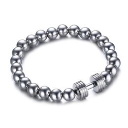 Mens Stainless Steel Silver Dumbbell Charm Bracelet with 8mm Beads Chain Fitness Jewelry Power Gym256Y