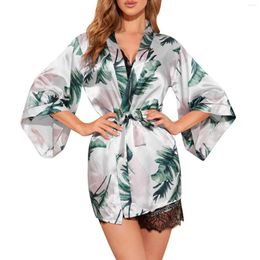 Women's Sleepwear Women Silk Satin Kimono Robes Short Bathrobe Long Sleeves Turn-down Collar Leaves Print Lace Up Front Sleep Shirts