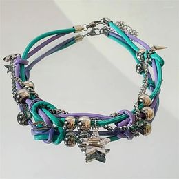 Choker Vintage Colored Dopamine Leather Rope Wrapped Colorful Necklace Fringe Y2k Fashion Girls Rhinestone Star