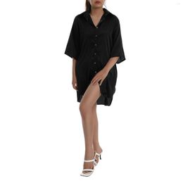 Women's Sleepwear Women S Nightgown Button Down Satin Sleepshirt 3 4 Sleeve Nightshirt Boyfriend Notch Collar Pajama Dress