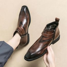 Boots Chelsea for Men Brown Black Business Short Ankle Square Toe SlipOn Solid Handmade Size 3844 230928