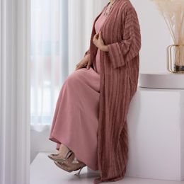 Ethnic Clothing 2pcs Set Striped Abaya Kimono With Simple Inner Dress Abayas For Women Dubai Turkey Arabic Muslim Cardigan Islam Outfit