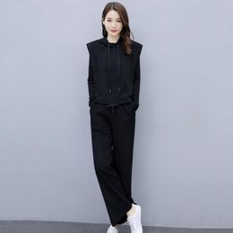 Women's Two Piece Pants Women Casual Suit Stylish Three-piece Set Black Hooded Vest Coat Elastic Waist Wide Leg For Office Leisure