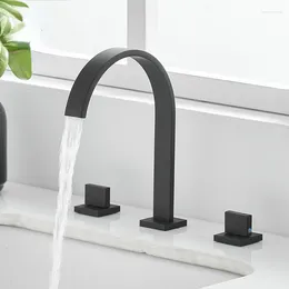 Bathroom Sink Faucets Basin Brass Polished Black Deck Mounted Square 3 Hole Double Handle And Cold Water Tap