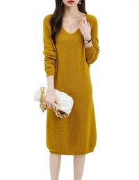 Casual Dresses EU Size For Women 2023 Fall Winter Women's Merino Wool Sweaters Skirts Warm Soft V Neck Long Sleeve Knit Dress