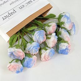 Decorative Flowers Birthday Gift Knitted Gradient Rose Holding Hand-woven Bouquet Artificial 1PC