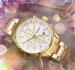 All Dials Working Automatic Date Men Big Six Pins Dial Watches Luxury Mens Full Steel Band Quartz Movement Stopwatch Clock Gold Silver Leisure Wristwatch gifts