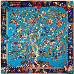 Square Tree Floral Print Scarf Women Shawls Foulard Femme Blue Large Twill Silk Scarfs Drop 130 130CM280x