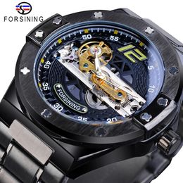 Forsining Classic Bridge Mechanical Watch Men Black Automatic Transparent Gear Full Steel Band Racing Male Sport Watches Relogio330R