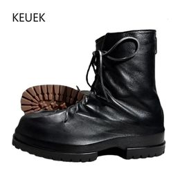 Boots Design Men Chelsea Genuine Leather Thick Sole Lace Up Black Work Shoes Male Outdoor Casual Motorcycle Ankle 5C 230928