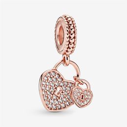 100% 925 Sterling Silver Pave Heart Padlocks Dangle Charms Fit Original European Charm Bracelet Fashion Women Wedding Engagement J2183