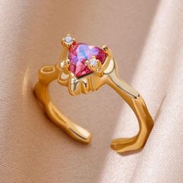 Wedding Rings Shiny Purple Opal Heart For Women Stainless Steel Gold Colour Ring Vintage Aesthetic Luxury Jewellery Christmas Gift