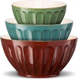 Plates Nesting Serving & Mixing Bowls Ceramic Kitchen For Salads Fruit Popcorn Microwave And Dishwasher Safe Red/Blue/G