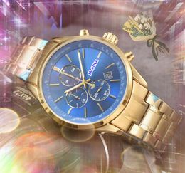 Highend Popular Automatic Quartz Movement Date Men Watches Three Eyes Six Pins Designer Full Steel Band Quartz Movement Clock Gold Silver Leisure Wristwatch Gifts