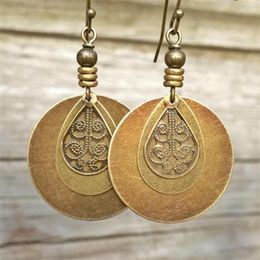 Hoop Earrings Vintage Ethnic Bohemian Round Bronze Carved For Women Metal Gold Colour Dangle Jewellery