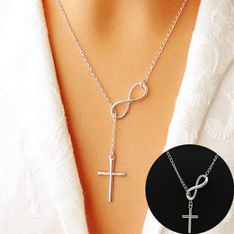 Moda aço inoxidável corrente colares infinito charme cruz pingente feminino prata jóias colar gift2236