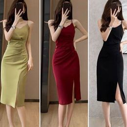 Casual Dresses Acetic Acid Satin Split Suspender For Women's 2023 Summer Niche Sexy Elegant Waistband Slimming Mid Length Skirt