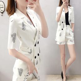 Women's Tracksuits 2023 Summer S Women Print Blazer Shorts With Pokcets Office Ladies Double Breasted Short Pants Suits 2 Peice Set L108