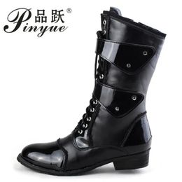 Boots 45cm Mens Knight Mid Leg Patent Leather Long Military for Man Waterproof Work SHoes Male Motorcycle boots 230928