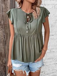 Women's T Shirts Women Casual V-neck Tops 2023 Summer Loose Breathable Ruffled Short-sleeved For Thin Solid Color