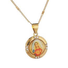 Trendy Gold Colour Catholic Christian Chain Jewellery Enamel Blessed Mother Cameo Virgin Mary Pendant Necklace Jewelry273G