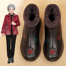 Boots Women Ankle 2023 Winter Leather Plush Fur Warm Waterproof Solid Colour Zip Shoes Female Mother Non-slip Snow Boot