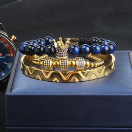 Fashion 3Pcs Set Crown Bangel Bracelet Men And Woman Leopard Braiding Bracelet Stainless Steel Bangles Blue Cz Jewelry266C