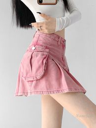 Skirts Women's Y2K Pink Skirt High Waist Short Mini Denim Summer A- Line Pleated Faldas Girls Students