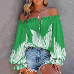 Women's Blouses Women Top Off Shoulder Shirring Backless Long Sleeve Lady Blouse Colourful Print Lace Up Loose Lantern Vacation