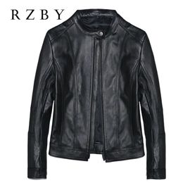 Women's Leather Faux Women Stand Collar Genuine Sheepskin Jackets Slim Simple Basic Coat Black Zipper Ladies Casual Couple Outwear 3XL RZBY2294 230928