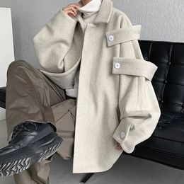 Women's Wool Blends Streetwear Woollen Coat Men' 2023 Autumn Winter Minority Lapel Jacket American Retro Loose Casual Asymmetrical 230928