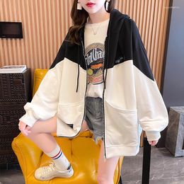 Women's Hoodies Contrast Color Long Sleeve Baseball Coat Loose Zipper Cardigan Hooded Coats Soft Elastic Cuff Female Casual Jacket