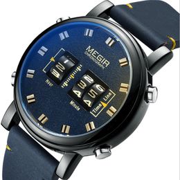 MEGIR Personality Creative Design Roller Mens Watch Classic Leather Strap Large Frosted Dial Wearproof Mineral Crystal Glass Quart3164