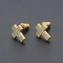 Orecchini a forma di croce in oro 18 carati con zirconi cubici Orecchini a bottone con diamanti da donna per uomo Hip Hop Ghiacciati con diamanti Rapper Gioielli Regali per Bo296A