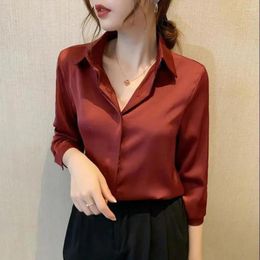 Women's Blouses 2023 Spring Shirts Satin Blouse Women Long Sleeve Shirt Silk Wine Red OL Woman Solid Chic Ladies Tops A777