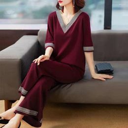 Women's Two Piece Pants Middle-aged Women Suits Elderly Mother Set Long Sleeve Blouses Wide-leg Home Wear Pyjama Clothes