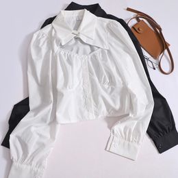 Women's Blouses Autumn Hollow Out Shirt Women Turn-down Collar Single-breasted Long-sleeved White Blouse Casual Fashion Pleated Top
