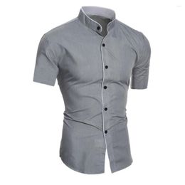 Men's Casual Shirts Men Shirt Solid Color Stand Slim Fit Summer Top Single-breasted Short Sleeve Cardigan Business