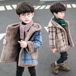 Coat Children's Woolen Coats For Boys Autumn Winter Boy Warm Plaid Jackets Long Hooded Fleece Thick Outerwear Kids Overcoat 230928